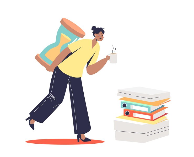 Vector trabajadora sobrecargada de papeleo y plazos. concepto de esclavitud de oficina. mujer de negocios con exceso de trabajo joven que sostiene la carga del reloj de arena.