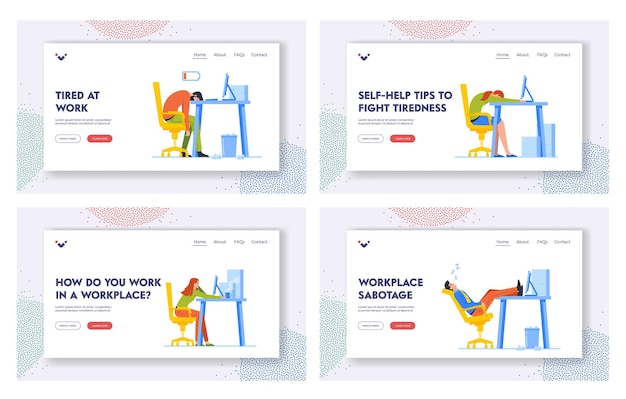 Trabajadores agotados sobrecarga conjunto de plantillas de página de destino estrés cansancio síndrome de agotamiento profesional gerentes estresados