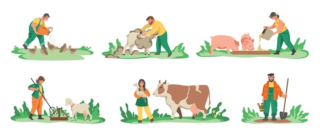 Vector trabajadores agrícolas agricultores de dibujos animados alimentando animales domésticos plantando cultivos y flores hombres y mujeres trabajando en el jardín la gente cría ganado y aves de corral conjunto de escenas rurales vectoriales