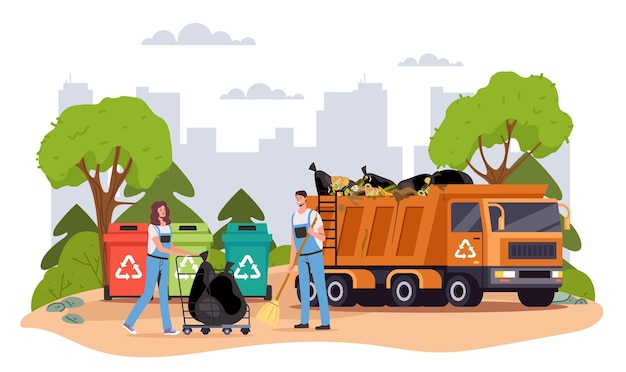 Vector trabajadores de camiones de basura reciclan ilustración gráfica de diseño de concepto de basura de desecho