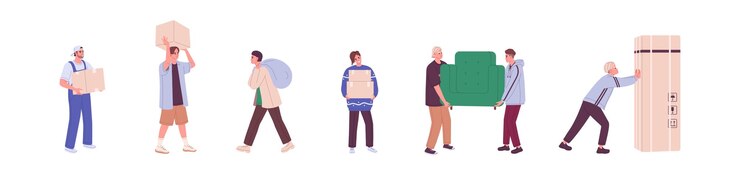 Vector los trabajadores de los cargadores establecen mensajeros que transportan y empujan cajas de cartón, paquetes, bolsas y muebles personas que entregan carga y movimiento de mercancías ilustraciones de vectores planos aisladas en fondo blanco