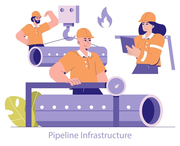 Los trabajadores del concepto de infraestructura de oleoductos y gasoductos operan válvulas y estudian planes en medio de tuberías y