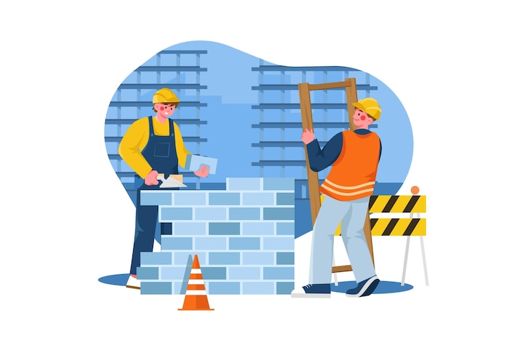 Vector trabajadores de la construcción construyendo una casa