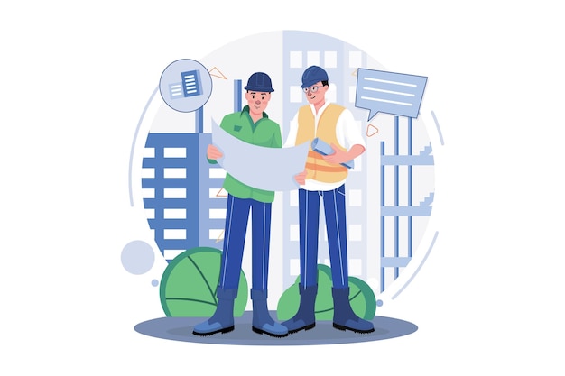 Trabajadores de la construcción discutiendo sobre el plan de construcción