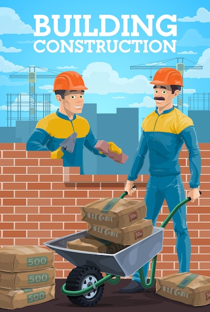 Vector trabajadores de la construcción de edificios en el vector del sitio
