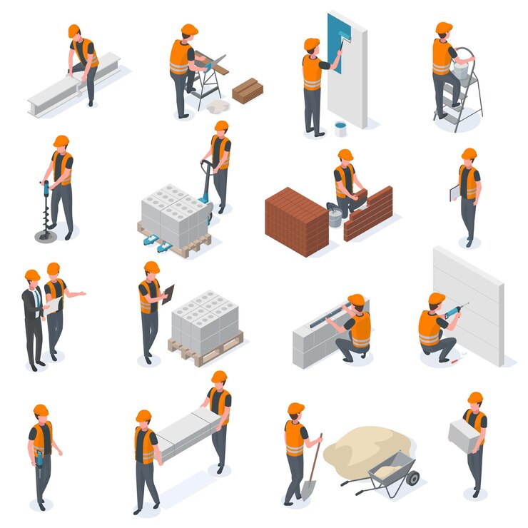 Vector trabajadores de la construcción isométrica constructores e ingenieros personajes la gente pone ladrillos pintan paredes y perforan el conjunto de ilustración vectorial constructores con equipo de construcción trabajador de la construcción isométrico