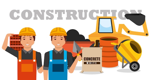 Trabajadores de la construcción maquinaria carretilla mezcladora barril de hormigón