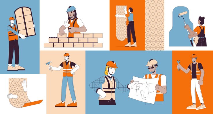 Trabajadores de la construcción en el sitio set de ilustración de cuadrícula bento