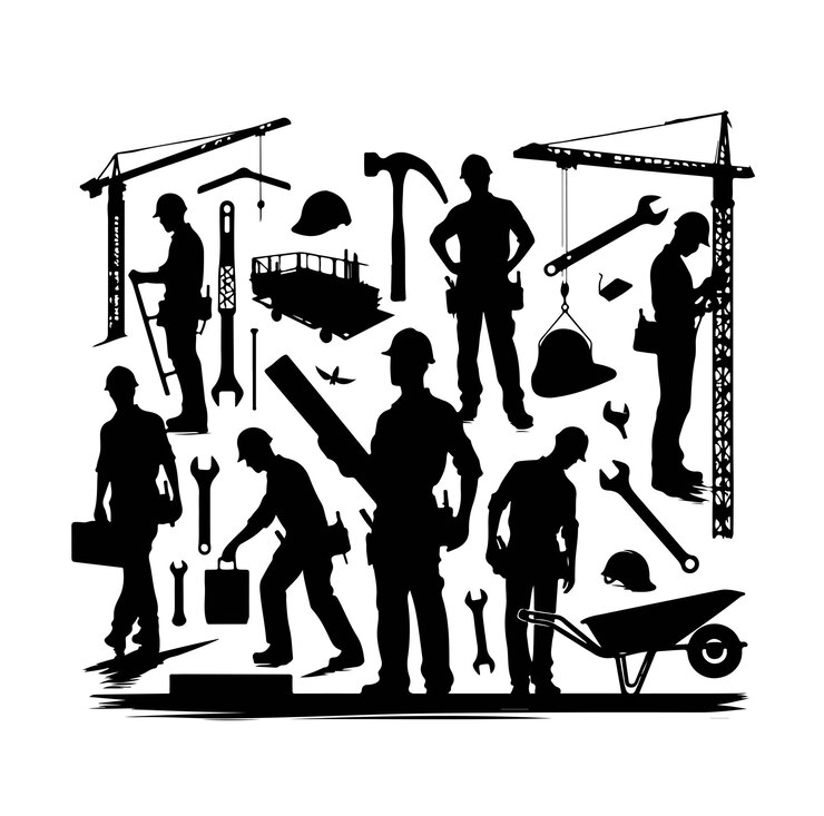 Vector trabajadores de la construcción con uniformes y siluetas de pie hombres albañiles con