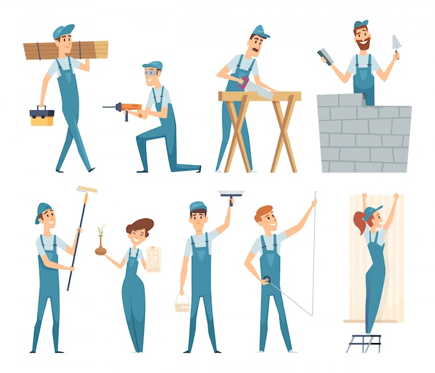 Trabajadores Constructores masculinos y femeninos constructores profesionales en el trabajo mascota