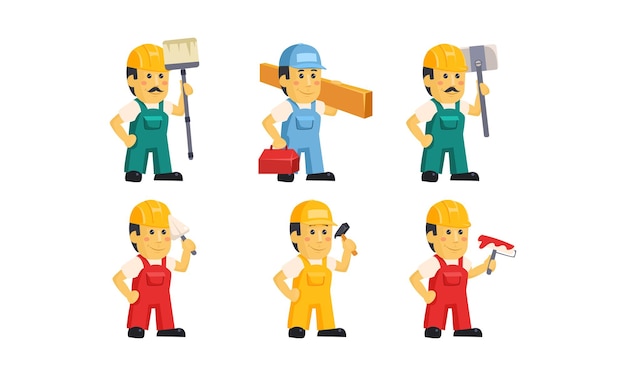 Trabajadores constructores en uniforme con varias herramientas de construcción manitas personajes de dibujos animados vector ilustración aislada sobre fondo blanco