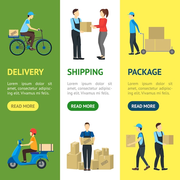 Trabajadores de entrega de dibujos animados Banner Vecrtical Set Vector