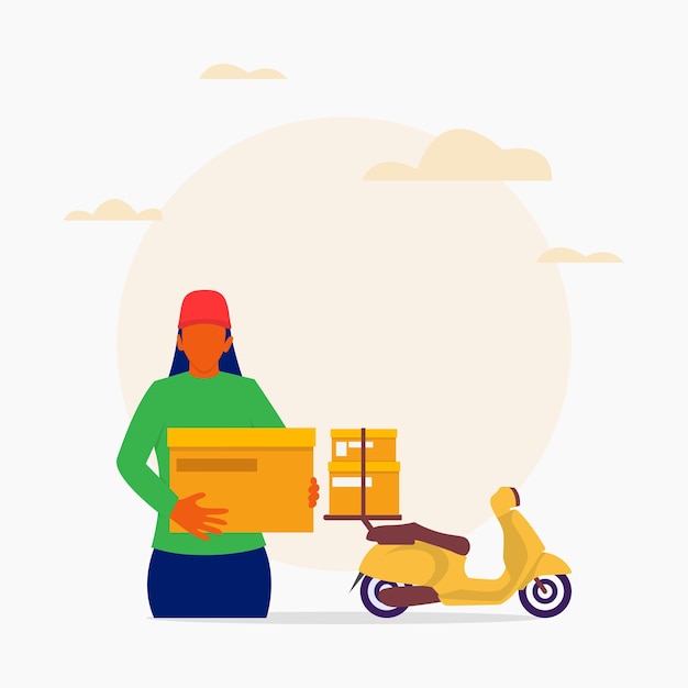 Trabajadores de entrega a domicilio en una ilustración plana de scooter eléctrico