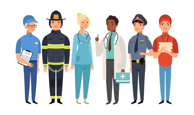 Trabajadores esenciales. Grupo de primera línea aislado, personas que trabajan en la pandemia de virus. Médico, policía, bombero, cartero, repartidor, vector, conjunto