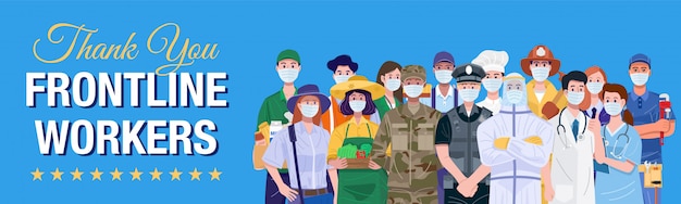 Trabajadores esenciales, Personas de diversas ocupaciones con máscaras faciales. Vector