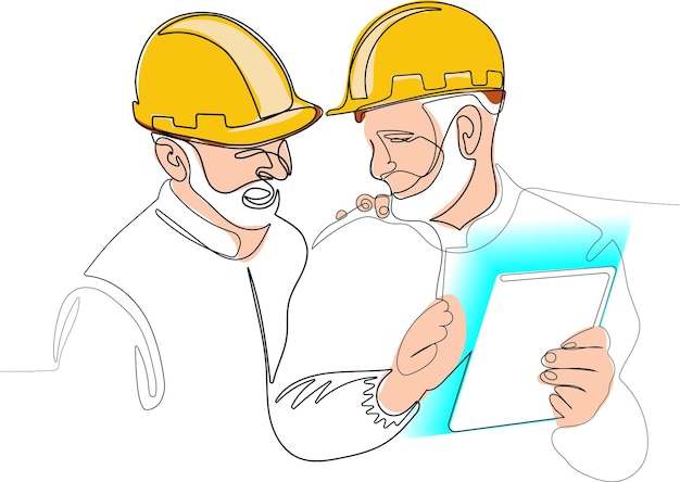 Trabajadores en fábrica industrial de máquinas. dibujo continuo de una línea para su diseño minimalista