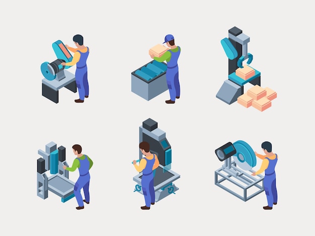 Trabajadores de la fábrica máquinas herramientas de tela fresado electrónico perforación embalaje procesos de producción llamativos conjunto isométrico vectorial