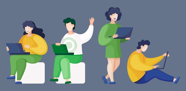 Trabajadores freelancers diseñadores compañeros de trabajo hombres y mujeres con computadora portátil en diferentes poses Colección de personajes con computadoras sentados de pie Hombre agitando la mano chica rizada sonriendo tipo en el suelo