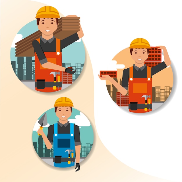 trabajadores de la gente de construcción herramientas ladrillos de madera ilustración de vector de espátula de tableros