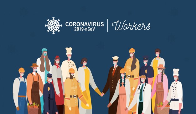 Trabajadores de hombres y mujeres con diseño de uniformes y máscaras