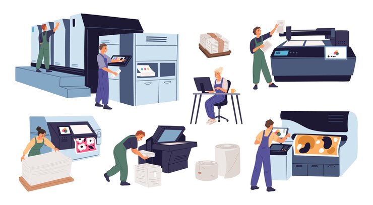 Vector trabajadores de la imprenta equipo de poligrafía máquinas de copia e impresión edición de libros carteles y folletos producción tipográfica trabajadores en la fotocopiadora conjunto vectorial garish