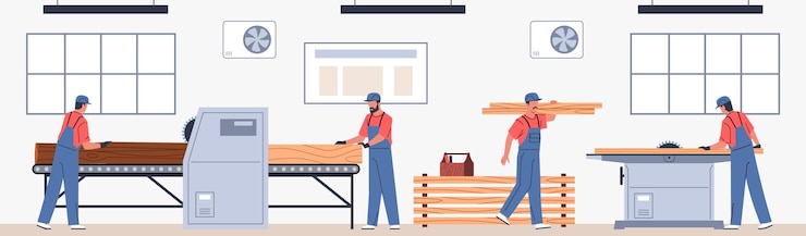 Vector trabajadores de la madera en el taller máquinas de madera carpintería industria de creación de muebles equipos profesionales proceso de fabricación de muebles dibujos animados personas planas aserradura de tablas concepto vectorial actual