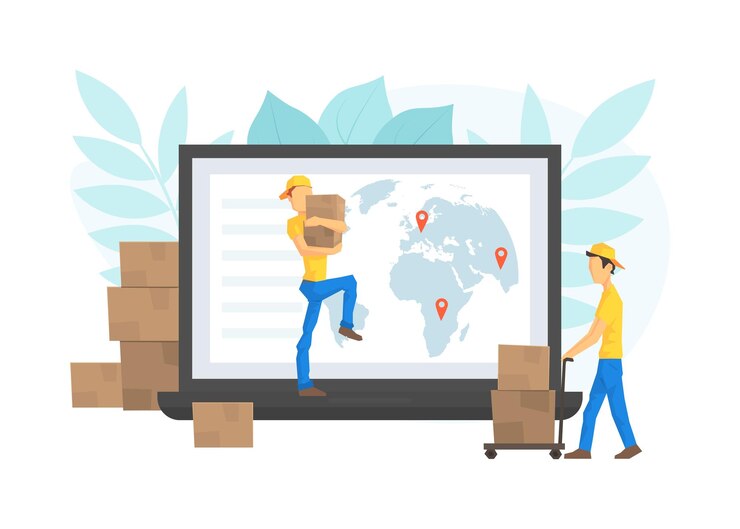 Vector trabajadores masculinos entregando cajas de paquetes a través de la pantalla de la computadora servicio de entrega mundial ilustración vectorial del concepto de comercio electrónico