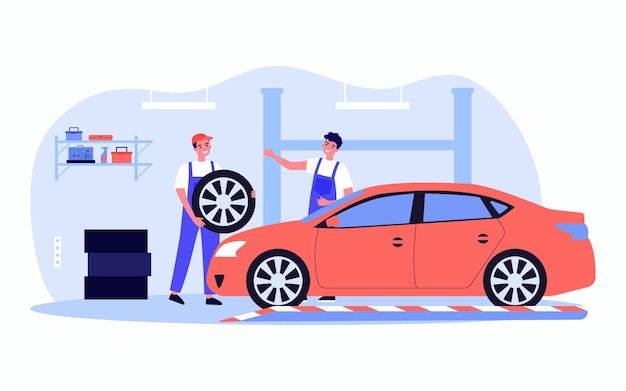 Trabajadores masculinos que reparan la ilustración del vector plano del coche. Hombres alegres en uniforme reemplazando neumáticos. Servicio automático, diagnóstico, concepto de transporte para banner, diseño de sitio web o página web de destino