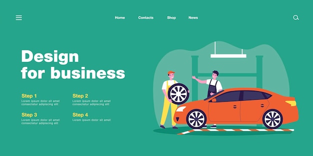 Trabajadores masculinos que reparan la ilustración vectorial plana del coche. Hombres alegres en uniforme reemplazando neumáticos. Servicio automático, diagnóstico, concepto de transporte para banner, diseño de sitio web o página web de inicio