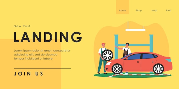 Trabajadores masculinos que reparan la ilustración vectorial plana del coche. Hombres alegres en uniforme reemplazando neumáticos. Servicio automático, diagnóstico, concepto de transporte para banner, diseño de sitio web o página web de inicio