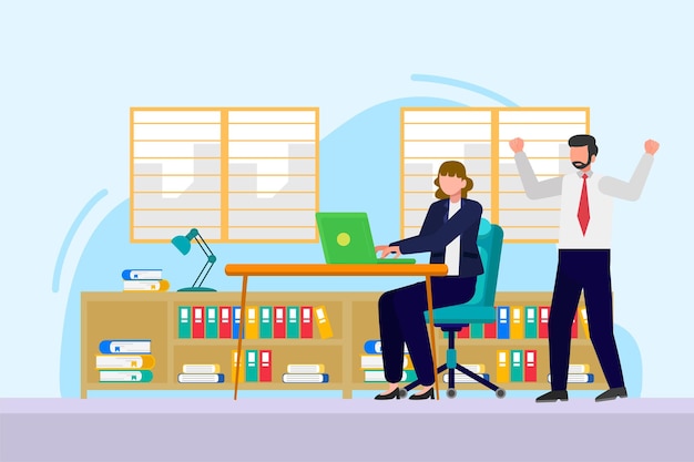 Trabajadores de oficina alegría en el trabajo Concepto de logros empresariales de carrera Ilustración vectorial plana de colores i
