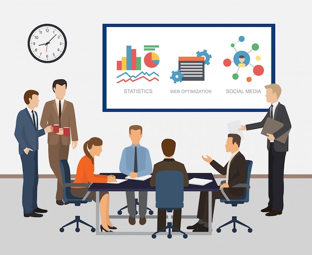 Trabajadores de oficina colega reunión y trabajo en equipo ilustración. Informes, estadísticas, conteo, preguntas de planificación empresarial y desarrollo de la empresa.