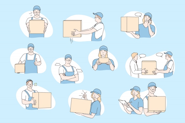 Trabajadores de oficina de correos, concepto de entrega del conjunto
