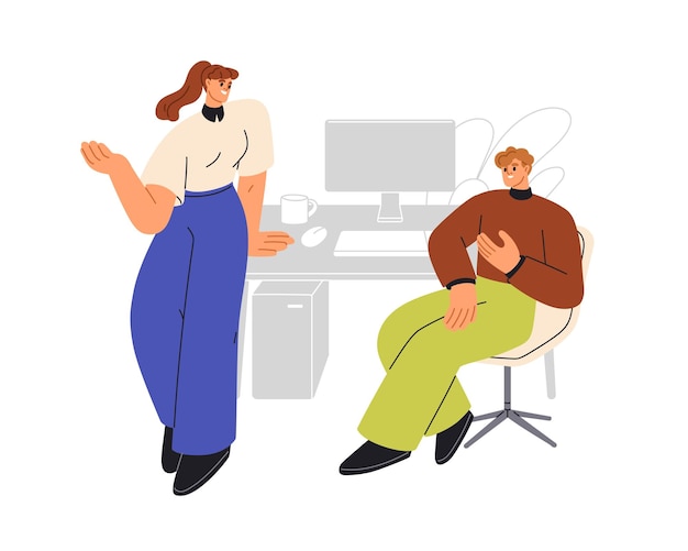 Trabajadores de oficina empleados amigos hablando charlando en el lugar de trabajo conversación informal comunicación en el trabajo hombre mujer colegas en el descanso Ilustración vectorial plana aislada sobre fondo blanco