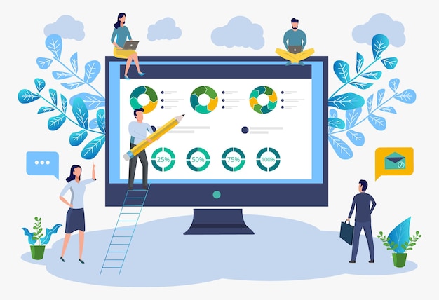 Los trabajadores de oficina estudian el análisis de infografías de la ilustración vectorial de la escala de crecimiento empresarial de los datos analíticos de la empresa Ilustración vectorial de una empresa