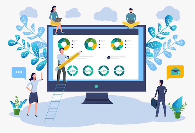 Los trabajadores de oficina estudian el análisis de infografías de la ilustración vectorial de la escala de crecimiento empresarial de los datos analíticos de la empresa ilustración vectorial de una empresa