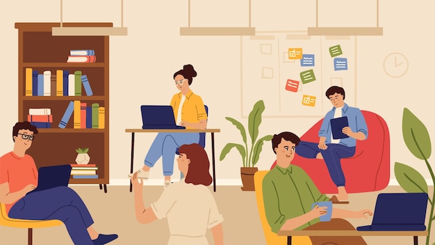 Trabajadores de oficina. Personas que trabajan, equipo de la empresa o espacio de trabajo conjunto. Hombre mujer con laptop o computadoras sentado en la mesa. Ilustración de vector de gerentes de negocios. Trabajo de oficina y lluvia de ideas