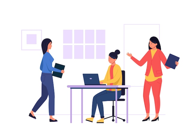 Trabajadores de oficina que colaboran en un proyecto que se involucran con computadoras portátiles y comparten documentos que encarnan la esencia del trabajo en equipo en un entorno empresarial dinámico
