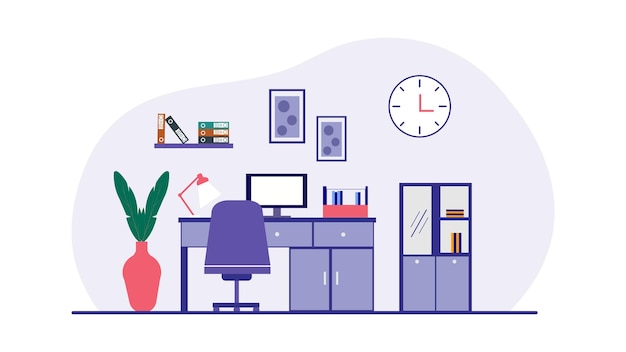 Trabajadores de oficina sentados en escritorios vectoriales en diseño gráfico ilustrativo.