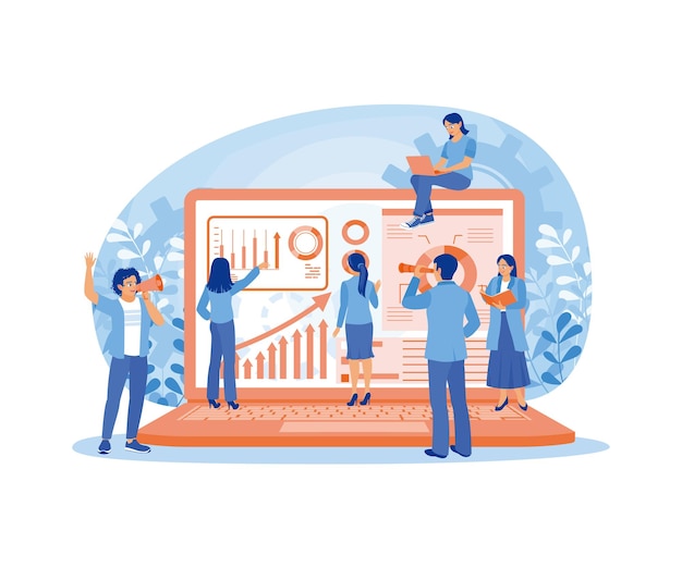 Los trabajadores de oficina tienen una reunión en la oficina estudiando datos infográficos financieros concepto de analista de datos ilustración vectorial plana