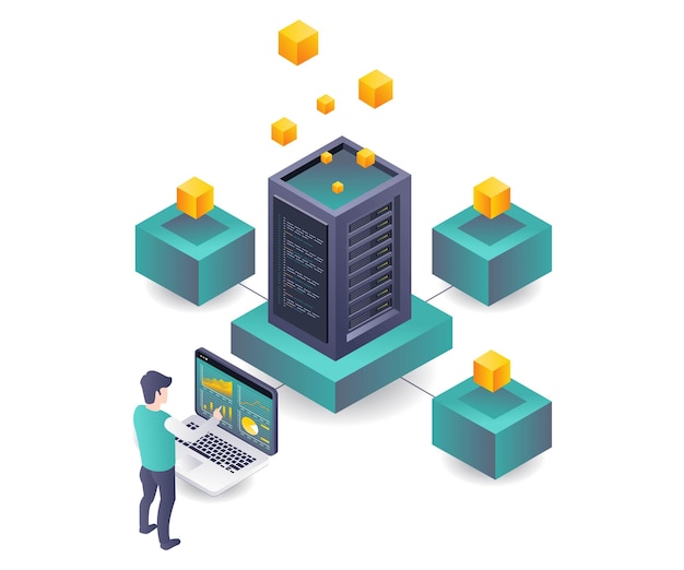 Trabajadores que procesan el análisis de datos de la tecnología de servidor blockchain