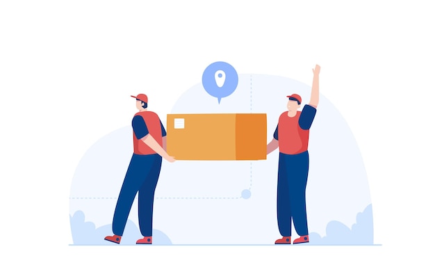 Los trabajadores del repartidor llevan una caja pesada juntos Empleado organizando cajas Ilustración vectorial