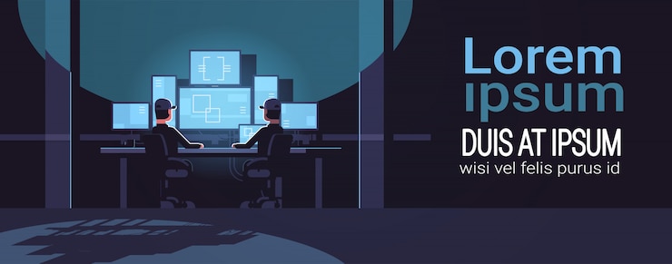 Vector trabajadores de seguridad mirando cámaras de video vigilancia