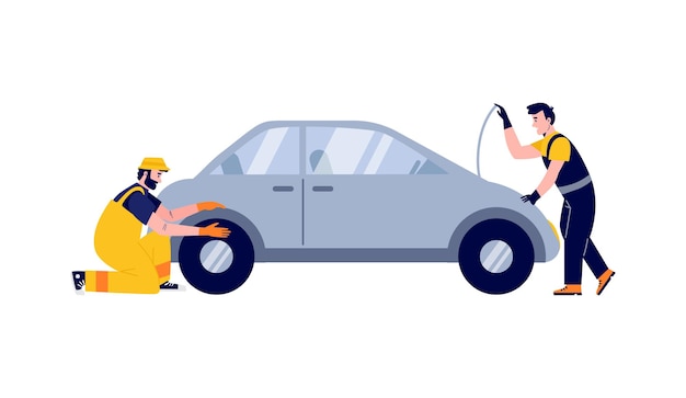 Trabajadores del servicio de automóviles que controlan la ilustración de vector plano del motor aislado