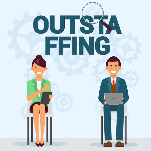 Trabajadores con tableta sentado en silla. Outstaffing