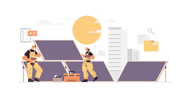 Trabajadores técnicos cerca de los ingenieros de la estación de paneles solares que controlan la energía alternativa y utilizan la luz solar para producir electricidad