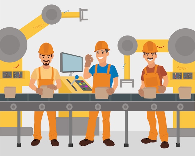 Los trabajadores trabajan en el transportador. Transportador de producción.