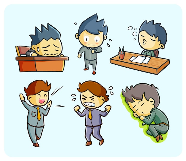 Trabajadores varones divertidos y lindos en muchos posan en estilo kawaii doodle