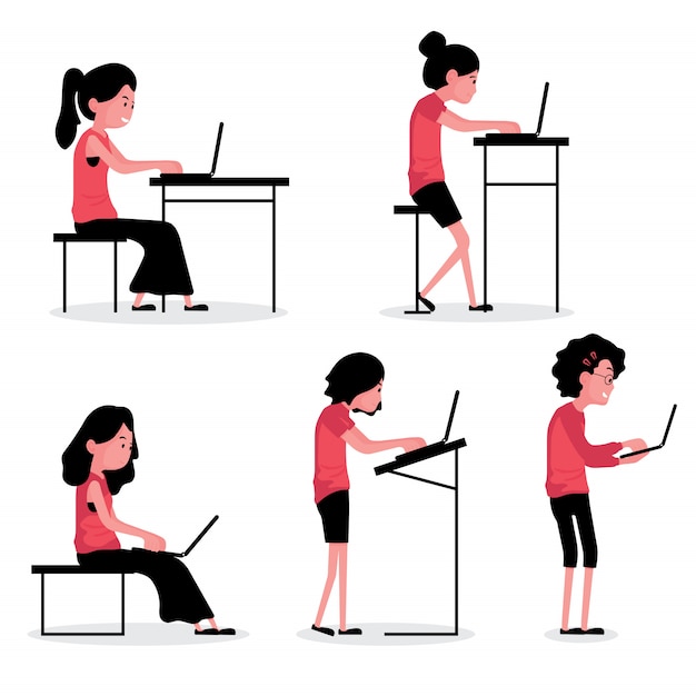trabajando en el carácter de la computadora y la característica de la postura personas sentadas y de pie con una computadora portátil