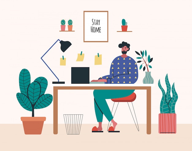 Trabajando en casa, espacio de coworking, ilustración del concepto. jóvenes autónomos que trabajan en computadoras portátiles y computadoras en casa. personas en casa en cuarentena. ilustración de estilo plano